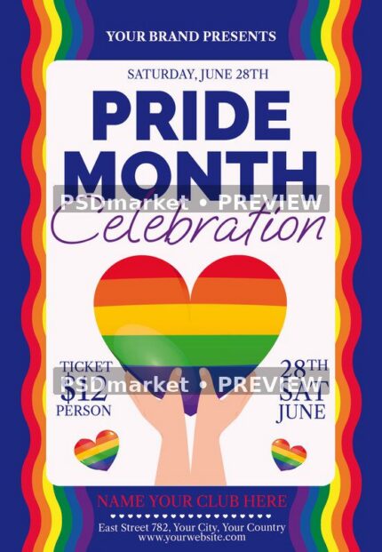 Rainbow Heart Pride Month Flyer PSD Template showing two illustrated hands lift a large rainbow-striped heart in the center of a cream panel with two PSDmarket preview watermarks