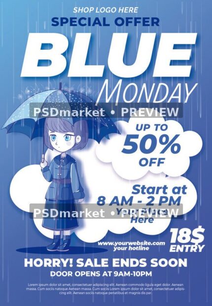 Rainy Umbrella Blue Monday Sale Flyer PSD Template — PSD template preview