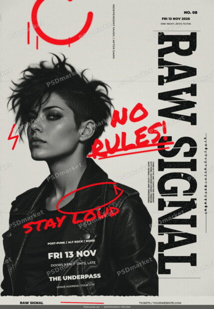 Raw Signal punk editorial flyer with black slab-serif title, red graffiti and halftone portrait, watermarked PSDmarket preview.