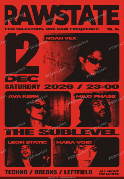 RAWSTATE red and black underground DJ lineup flyer with five portraits and PSDmarket watermarks