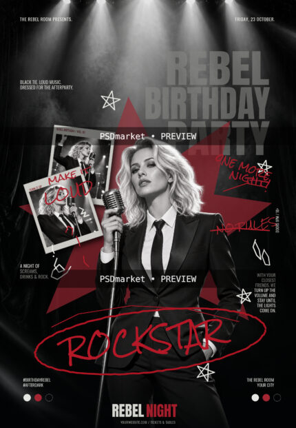 Black, ivory and crimson Rebel Birthday Party flyer with a monochrome singer portrait, photo collage and two PSDmarket preview watermark bands