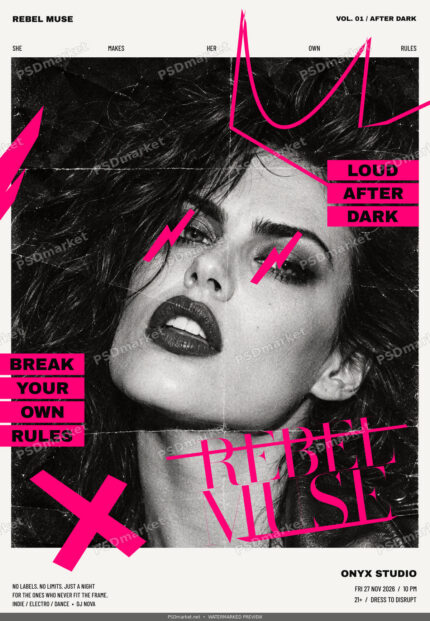 Rebel Muse punk nightlife flyer with black-and-white portrait, hot-pink crown and editable English typography