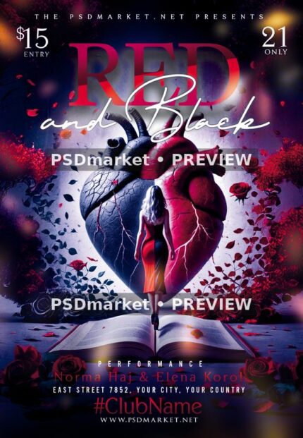 Red and Black party flyer with a large split-color anatomical heart, a woman on an open book and surrounding roses