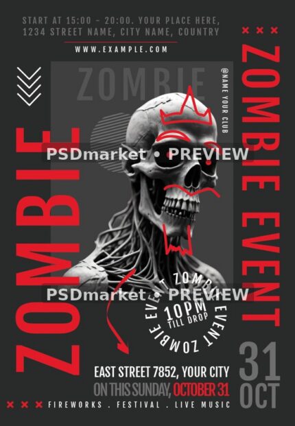 Red and Black Zombie Skull Event Flyer PSD Template — reduced watermarked source artwork preview