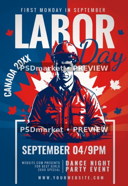 Red and Blue Canadian Worker Labor Day Flyer PSD Template — PSD template preview