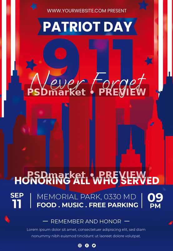 Red and Blue Patriot Day Memorial Flyer PSD Template — PSD template preview