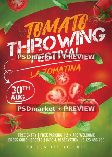 Red and Green Tomato Throwing Festival Flyer — reduced watermarked source artwork preview