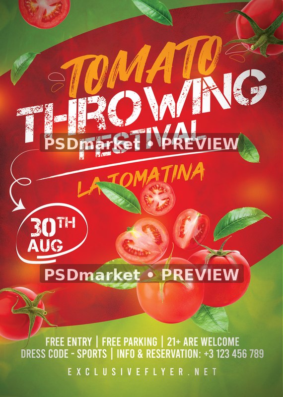 Red and Green Tomato Throwing Festival Flyer — reduced watermarked source artwork preview