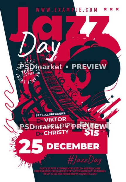 Red and navy Jazz Day flyer with a hat-wearing musician illustration and two horizontal PSDmarket preview watermarks