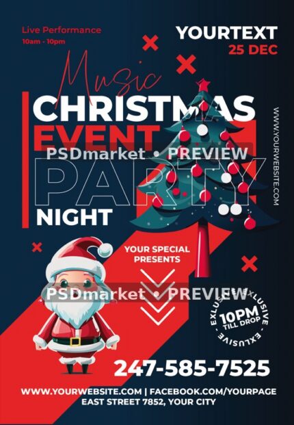 Red and Navy Santa Christmas Event Flyer PSD Template — reduced watermarked source artwork preview