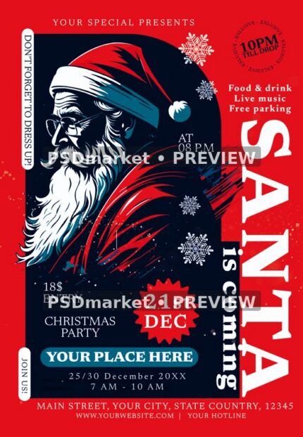 Red and Navy Santa Is Coming Flyer PSD Template — reduced watermarked source artwork preview
