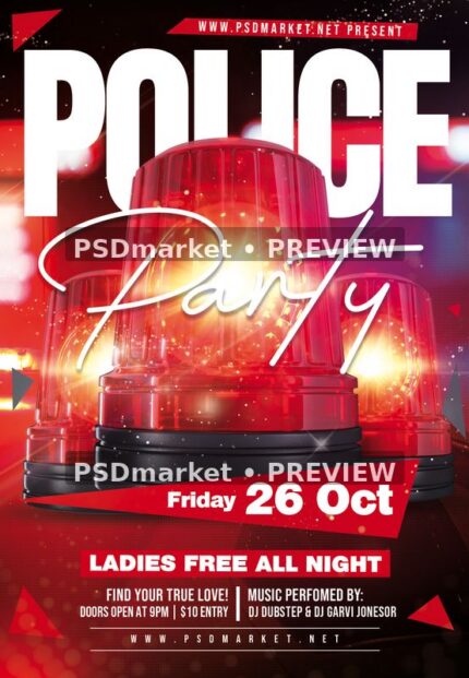 Red Beacon Police Party Flyer PSD Template — PSD template preview