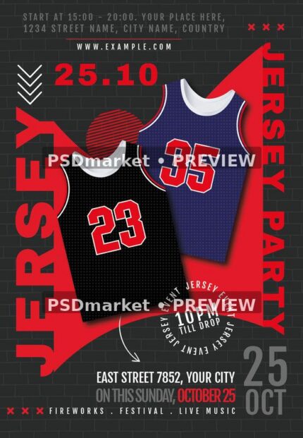 Red Black Basketball Jerseys Party Flyer PSD Template showing two basketball-style jerseys numbered 23 and 35 float over red graphic shapes on a charcoal brick background with two PSDmarket preview watermarks