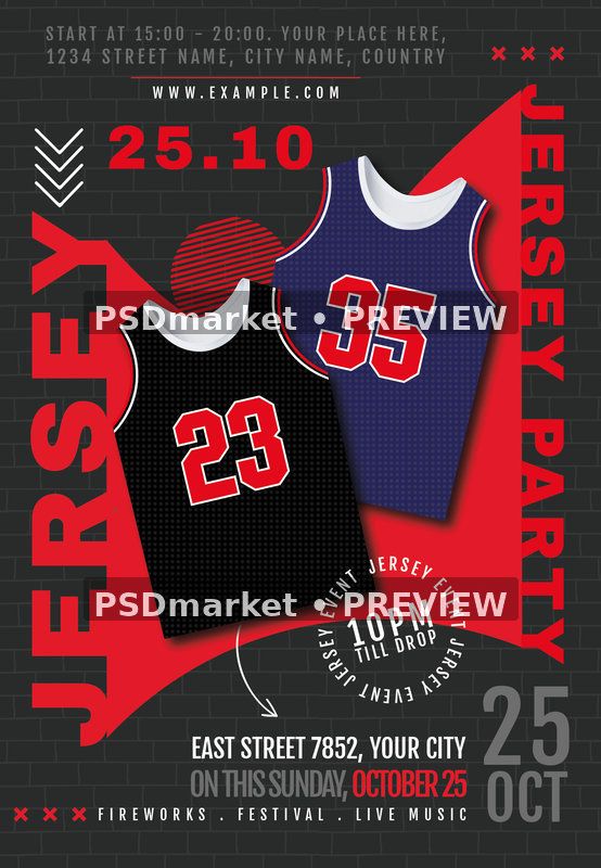 Red Black Basketball Jerseys Party Flyer PSD Template — PSD template preview