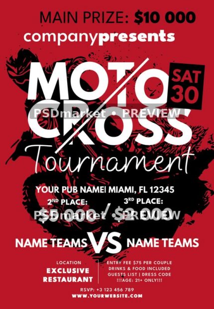 Red and black motocross tournament flyer with rider illustration, bold white title, prize fields and team matchup