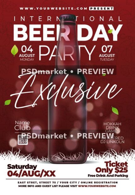 Red International Beer Day flyer with a dark bottle, white lettering, green leaves, QR graphic and ticket footer