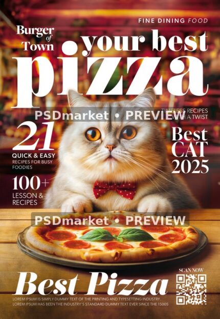 Red Bow Cat Pizza Magazine Flyer PSD Template — PSD template preview