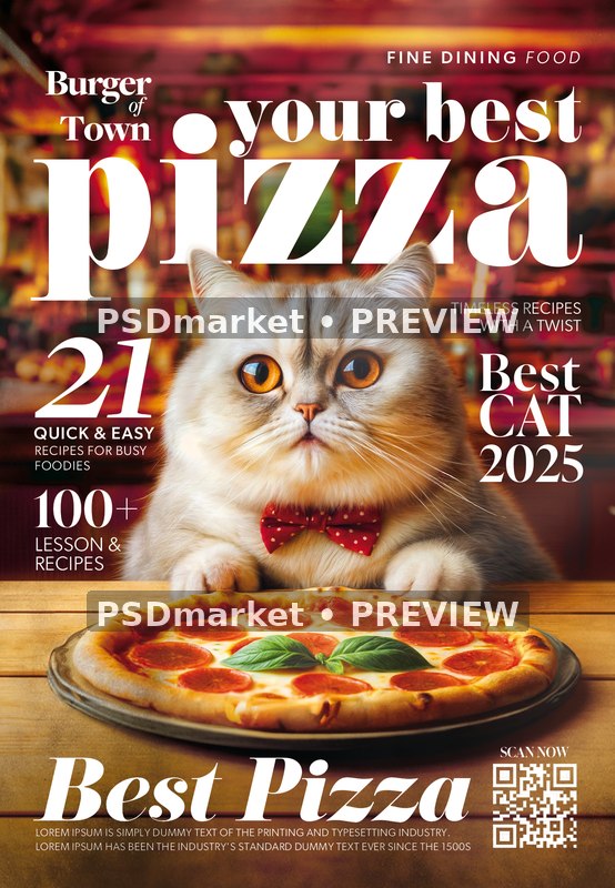Red Bow Cat Pizza Magazine Flyer PSD Template — PSD template preview