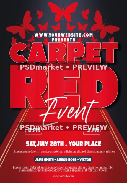 Red Butterflies Carpet Event Flyer PSD Template — PSD template preview