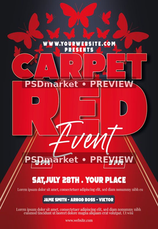 Red Butterflies Carpet Event Flyer PSD Template — PSD template preview