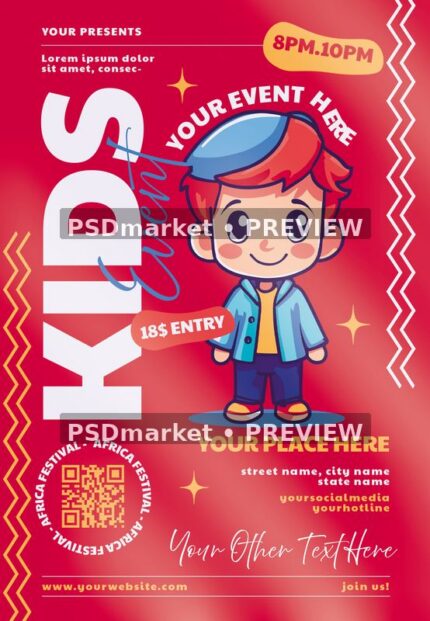 Red Cartoon Boy Kids Event Flyer PSD Template — PSD template preview