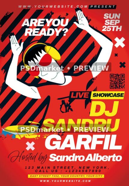 Red Cartoon DJ Showcase Flyer PSD Template — PSD template preview