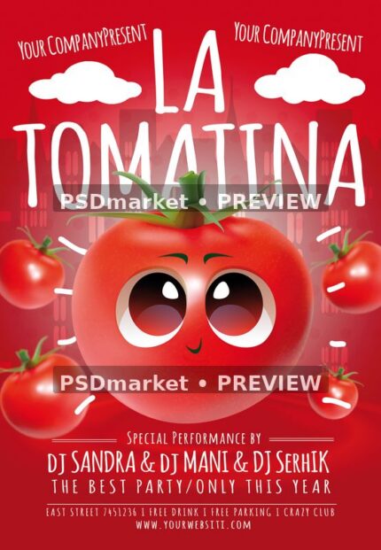 Red Cartoon Tomato La Tomatina Flyer PSD Template — PSD template preview