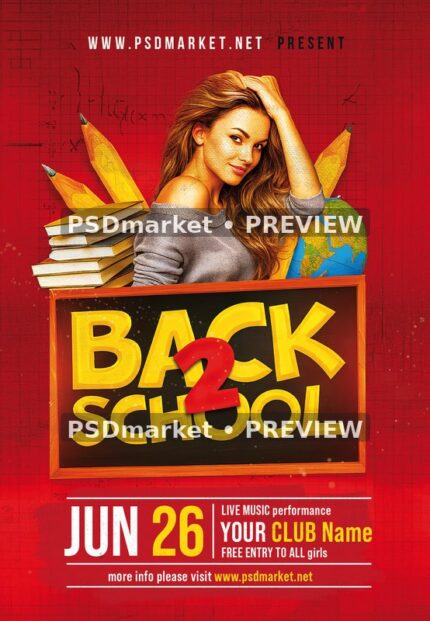 Red Chalkboard Portrait School Party Flyer — reduced watermarked preview of the supplied artwork