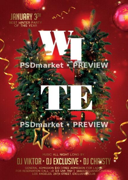 Red Christmas Trees Winter Party Flyer PSD Template — reduced watermarked source artwork preview