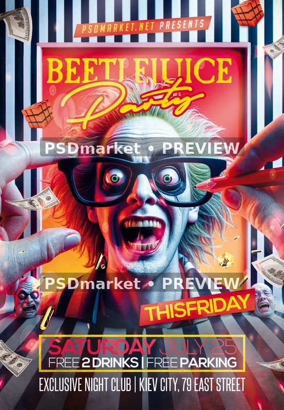 Red Collage Beetlejuice Party Flyer PSD Template — PSD template preview
