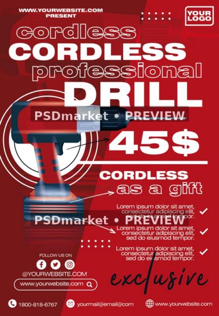 Red Cordless Drill Product Flyer PSD Template — PSD template preview