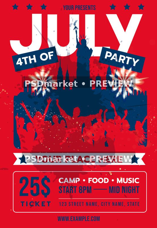 Red Crowd Fourth of July Party Flyer PSD Template — PSD template preview