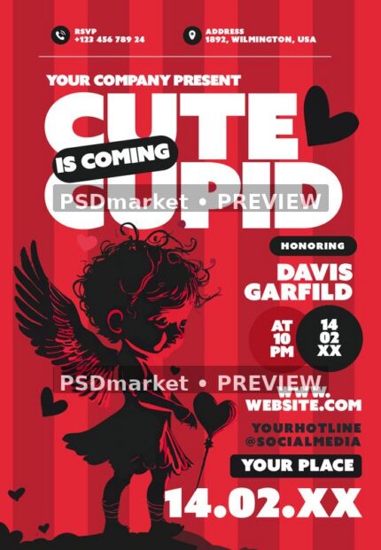 Red striped Valentine flyer with black Cupid silhouette and bold white lettering, displayed with two horizontal preview watermarks