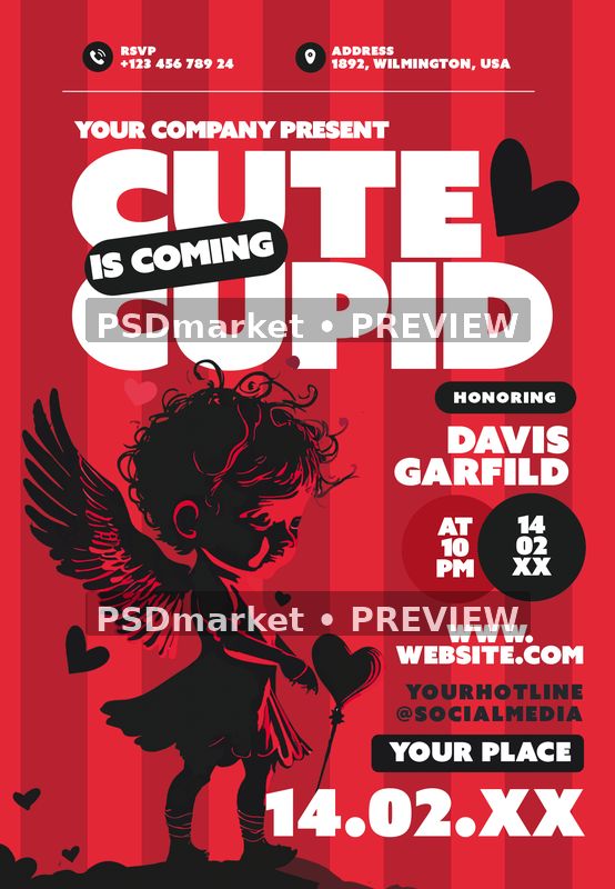 Red Cupid Silhouette Valentine Flyer PSD Template — PSD template preview