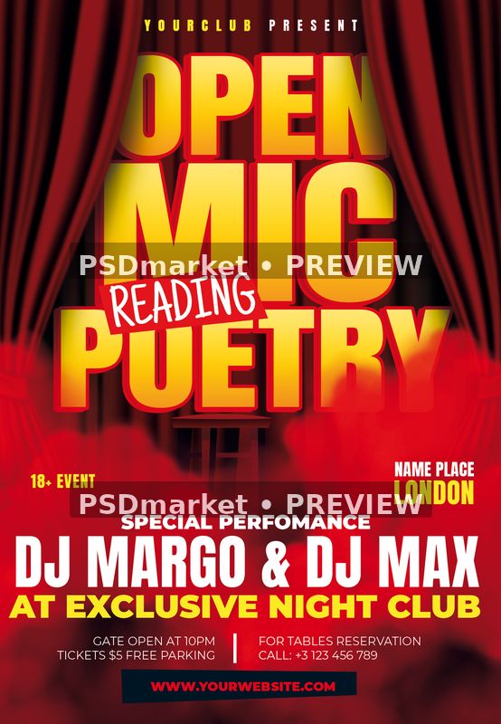 Open mic poetry flyer with red theater curtains, golden yellow stacked lettering and two horizontal PSDmarket preview watermarks.