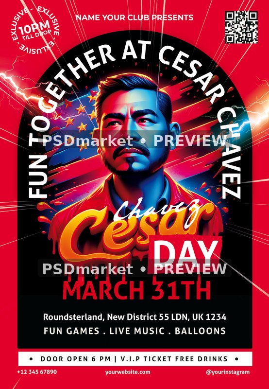 Red Cyan Portrait Cesar Chavez Day Flyer PSD Template — PSD template preview
