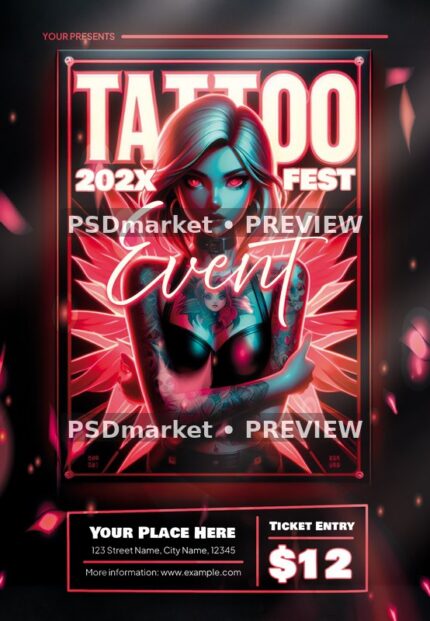 Red Cyan Portrait Tattoo Fest Flyer PSD Template — PSD template preview