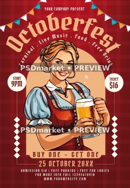 Red Dirndl Oktoberfest Beer Party Flyer PSD Template — PSD template preview
