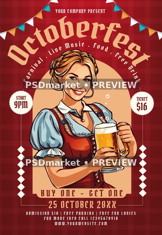 Red Dirndl Oktoberfest Beer Party Flyer PSD Template — PSD template preview