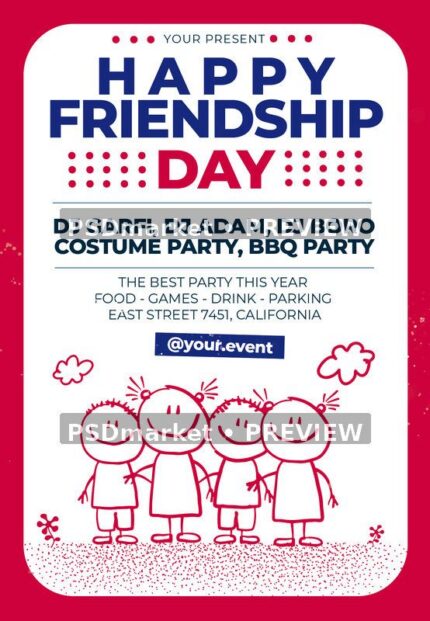 Red Doodle Happy Friendship Day Flyer PSD Template — PSD template preview
