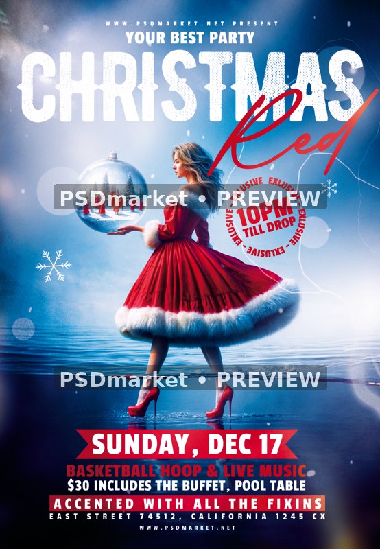 Red Dress Christmas Ornament Flyer PSD Template — PSD template preview