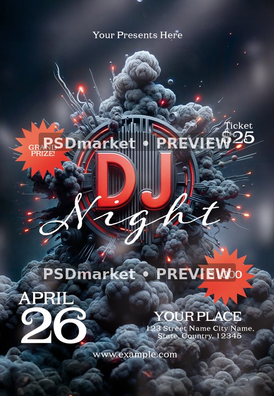 Red Emblem Smoke DJ Night Flyer PSD Template — PSD template preview