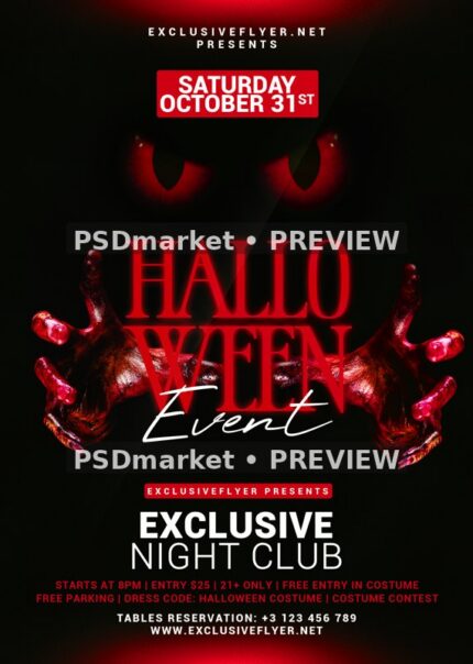 Red Eyes and Bloody Hands Halloween Event Flyer PSD Template — reduced watermarked source artwork preview