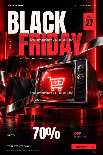 Red Frequency Black Friday flyer with a retro television, glowing shopping cart, shopping bags, chrome ribbons and two horizontal PSDmarket preview bands.