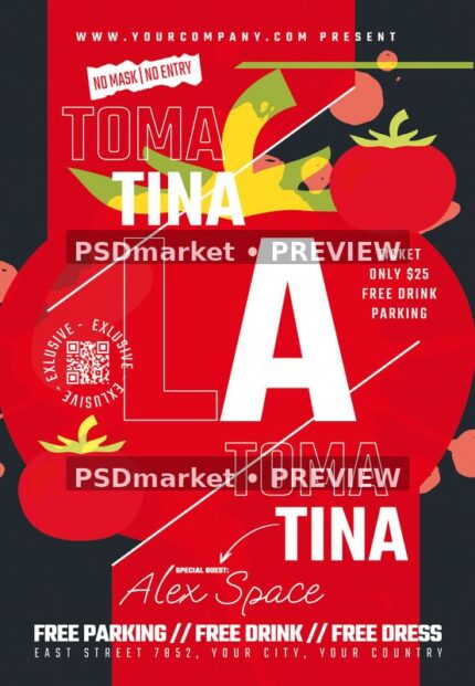 Red Geometric La Tomatina Day Flyer PSD Template — PSD template preview