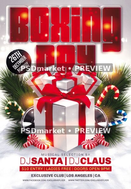 Red Gifts Pine Boxing Day Flyer and Social PSD Template — reduced watermarked source artwork preview