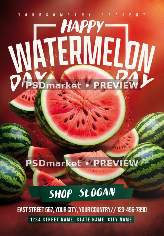 Red Glow Happy Watermelon Day Flyer PSD Template — PSD template preview