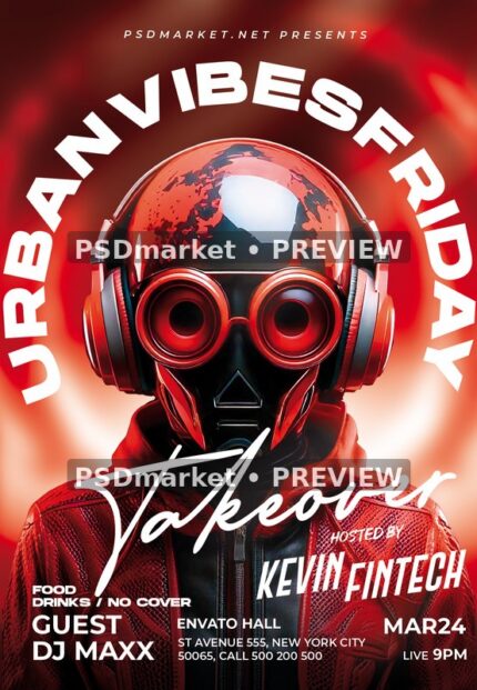 Red Goggle Helmet DJ Takeover Flyer PSD Template — PSD template preview