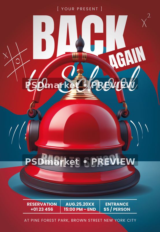 Red Headphone School Bell Flyer PSD Template — PSD template preview