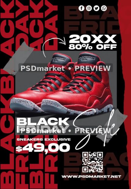 Red High-Top Sneakers Black Friday Flyer PSD Template — reduced watermarked source artwork preview